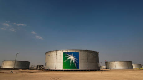 Branded oil tanks at Saudi Aramco oil facility in Abqaiq, Saudi Arabia