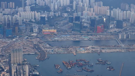 Aerial view of residential housing seen through the window of an airplane in Hong Kong, China October 24, 2020.