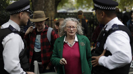 Jenny Jones, British politician and member of the Green Party talks to police officers as they arrest climate protestors who blocked a road in central London Monday, Oct. 7, 2019.
