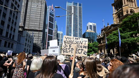 Protesters rally outside Town Hall as part of the Women's March 4 Justice rally in Sydney, Australia on March 15, 2021.