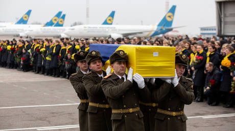 Soldiers carry coffin remains of one of victims of Ukraine International Airlines flight 752 plane disaster, Kiev, Ukraine, January 19, 2020