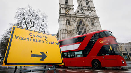 Sign near Covid-19 vaccination centre at Westminster Abbey, London, Britain, March 10, 2021