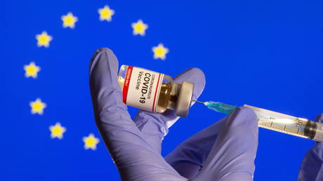 Covid-19 Vaccine in front of EU flag, October 30, 2020