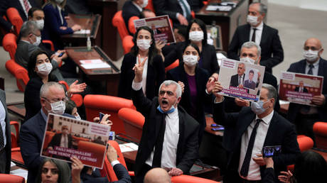 Pro-Kurdish Peoples' Democratic Party (HDP) lawmaker Omer Gergerlioglu holds a protest after being stripped of MP status. Ankara, Turkey March 17, 2021.