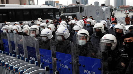 Riot police officers stand guard in Istanbul, Turkey March 17, 2021.