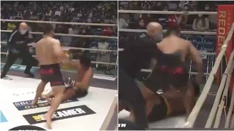 &lsquo;How was he not disqualified?&rsquo;: Fury as Japanese MMA giant continues to rain down blows on stricken rival (VIDEO)