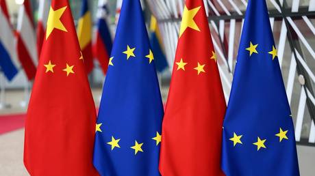 Flags representing China and the EU