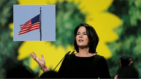 Leader of Germany's Green Party, Annalena Baerbock, during the delegates' conference in Bielefeld. © Reuters / Leon Kuegeler; US flag © Reuters / Tom Brenner