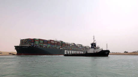 Taiwan-owned MV Ever Given (Evergreen), lodged sideways in Suez Canal, March 25, 2021