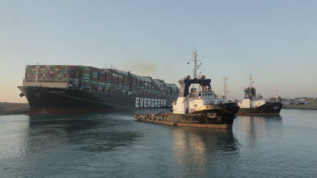 Container ship Ever Given after it was partially refloated in the Suez Canal, Egypt, March 29, 2021. © Suez Canal Authority / Reuters