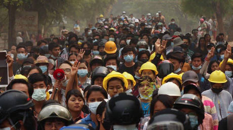 Protesters pictured during a demonstration against the military coup in Monywa, Myanmar on March 29, 2021.