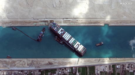 A view shows Ever Given container ship in Suez Canal in this Maxar Technologies satellite image (FILE PHOTO) © Maxar Technologies/Handout via REUTERS