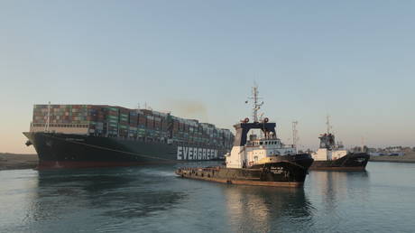 The container ship Ever Given after it was partially refloated, in Suez Canal, Egypt March 29, 2021