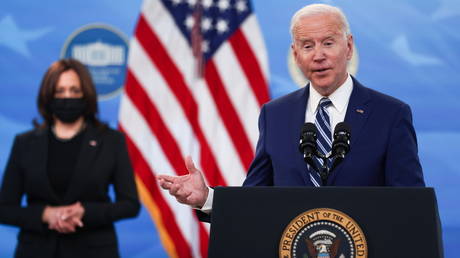 President Joe Biden is shown during a Covid-19 press briefing Monday at the White House.