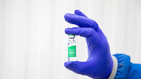 FILE PHOTO: A vial of AstraZeneca's coronavirus vaccine is seen at a facility in Milton, Ontario.