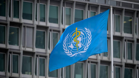 The flag of the World Health Organization (WHO) pictured at their headquarters in Geneva.