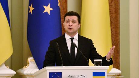 President of Ukraine Volodymyr Zelensky during a meeting with President of the European Union Charles Michel in Kiev.