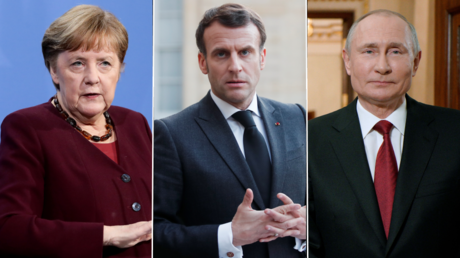 (L) Angela Merkel © Reuters / Michael Sohn; (C) Emmanuel Macron ©️ Reuters / JBENOIT TESSIER; (R) Vladimir Putin ©️ Sputnik / ALEXEI DRUZHININ