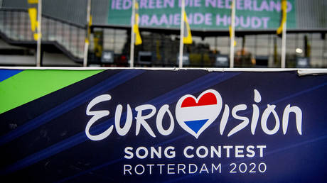 FILE PHOTO. The Eurovision logo seen outside the Rotterdam Ahoy, the official venue for the planned Eurovision Song Contest 2020. © Getty Images / Robin Utrecht