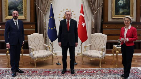 Turkish President Tayyip Erdogan meets with European Council President Charles Michel and European Commission President Ursula von der Leyen in Ankara, Turkey April 6, 2021.