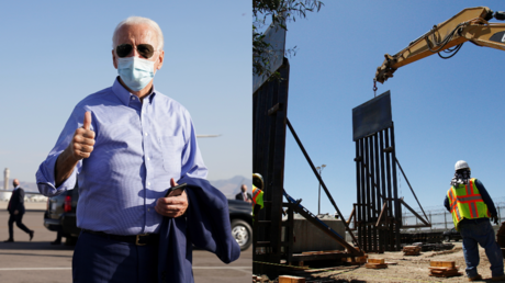 Joe Biden, seen alongside a section of border wall under construction in 2018 near Tijuana, Mexico © Reuters / Kevin Lamarque and Jorge Duenas