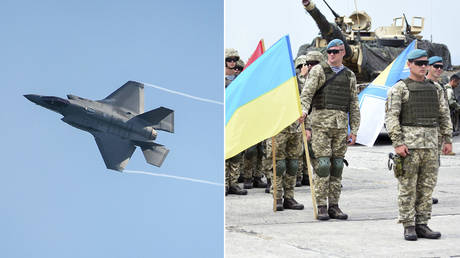 (L) F-35 © Getty Images / NNehring; (R) Servicemen of the Ukrainian army at the opening of an international military exercise under the auspices of NATO. © Sputnik / Denis Aslanov