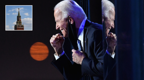 US President-elect Joe Biden gestures to the crowd after he delivered remarks in Wilmington, Delaware, on November 7, 2020. © AFP / ANGELA WEISS; (inset) The Spasskaya Tower of the Moscow Kremlin. © Sputnik