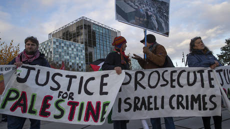 Protesters at the International Criminal Court demanding prosecution of Israel's army, The Hague, Netherlands, Friday, Nov. 29, 2019