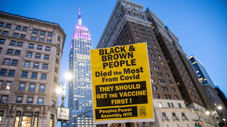 Protesters at "Stop Racism in Vaccination!" rally in New York City's Herald Square, February 4, 2021.