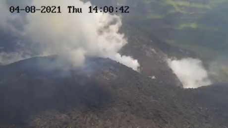 Smoke spews from the dome of the La Soufriere volcano in Saint Vincent and the Grenadines, April 8, 2021