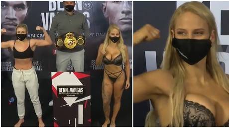 &lsquo;Disrespecting boxing&rsquo;?: Blonde Bomber Bridges strips to underwear for weigh-in despite barbs from world title rival (VIDEO)