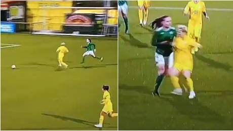 WATCH: Football fans in hysterics at &lsquo;most cynical foul in history&rsquo; as Ukraine player takes out rival in women&rsquo;s Euro qualifier