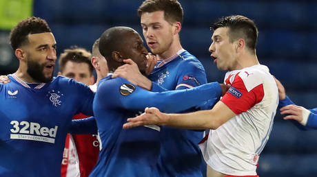 Rangers star Kamara reacted furiously after the insult from Slavia player Kudela. © AFP