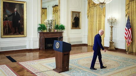 U.S. President Joe Biden departs after delivering remarks on Russia in the East Room at the White House.