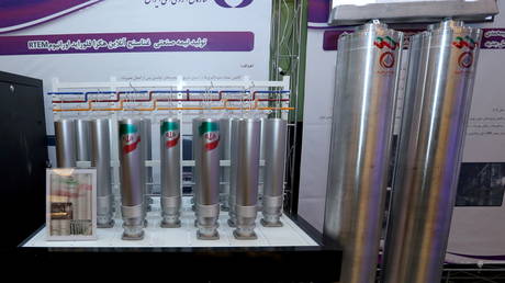 A number of uranium-enriching centrifuges are seen on display during Iran's National Nuclear Energy Day in Tehran, Iran on April 10, 2021.