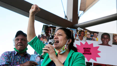 US Rep. Rashida Tlaib (D-Mich) at a rally in the aftermath of the death in Minneapolis police custody of George Floyd, in Detroit, June 6, 2020