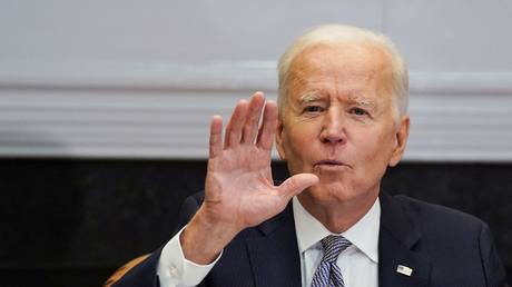 President Joe Biden is shown as he speaks at a virtual conference on April 12 from the White House.