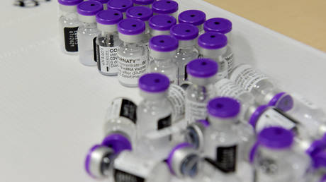 A picture shows vials of the Pfizer/BioNTech Covid-19 vaccine at a vaccination centre set up in the Parc Chanot exhibition centre in Marseille, southeastern France, on April 19, 2021.