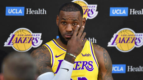 LeBron James reacts during the Los Angeles Lakers Media Day event in Los Angeles, California, September 24, 2018.