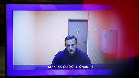 FILE PHOTO: Russian opposition leader Alexei Navalny is seen on a screen via a video link during a court hearing to consider an appeal on his arrest outside Moscow, Russia January 28, 2021.