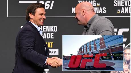 Florida Gov. Ron DeSantis and UFC President Dana White as the promotion returns with fans in Jacksonville. © Zuffa LLC / USA Today Sports