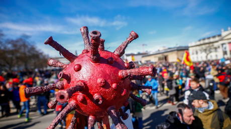 FILE PHOTO. A model of the coronavirus is seen attached to a sign during a protest in Kassel, Germanyю