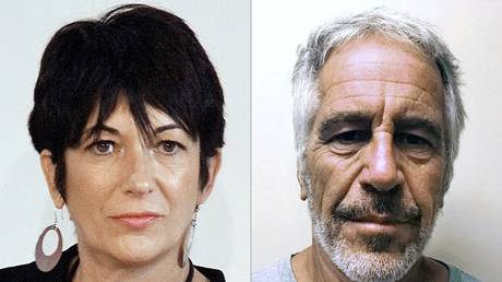 Ghislaine Maxwell at an event in 2013, seen alongside a booking photo of Jeffrey Epstein © AFP / Laura Cavanaugh and New York State Sex Offender Registry