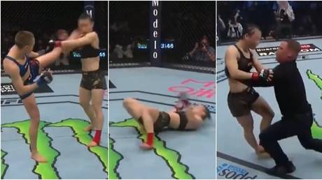 Zhang was felled with a massive head kick from Namajunas at UFC 261. © Twitter