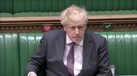 Britain's Prime Minister Boris Johnson attends the weekly question time debate in Parliament in London, Britain, April 21, 2021.