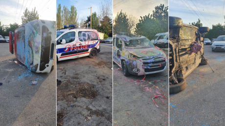 French police cars vandalized with graffiti, &lsquo;pig&rsquo;s head&rsquo; impaled on broom (PHOTOS)