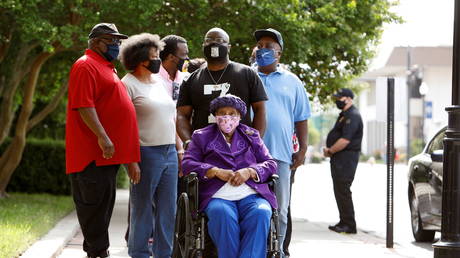 Lydia Brown, 92, grandmother of Andrew Brown Jr. near Pasquotank County Courthouse with family, North Carolina, US April 28, 2021