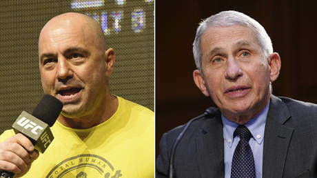 (L) Joe Rogan © Ethan Miller / GETTY IMAGES NORTH AMERICA / Getty Images via AFP; (R) Anthony Fauci © Susan Walsh / POOL / AFP
