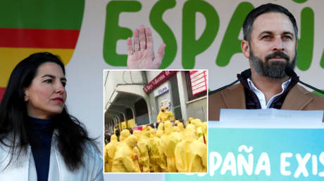 Rayo Vallecano football fans have demonstrated against Santiago Abascal (right), Rocio Monasterio and their Vox party © Jon Nazca / Reuters | © Twitter / carrusel