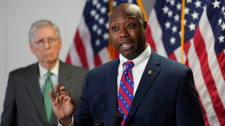 FILE PHOTO: Sen. Tim Scott (R-SC) speaks to reporters after the Senate Republicans weekly policy lunch on Capitol Hill in Washington US, June 23, 2020